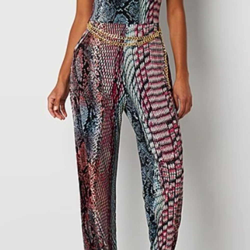 BOLD ELEMENTS Women’s Sleeveless Multicolor Jumpsuit w/ Chain Belt Size L - NEW!